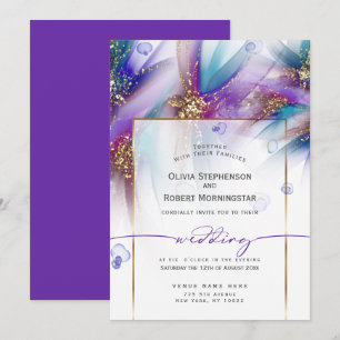Invitación BODA   Flor abstrata púrpura Verde azulada en huel