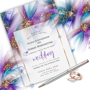 Invitación BODA   Flor abstrata púrpura Verde azulada en huel