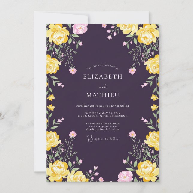 Invitación Boda Flor Amarillo Ciruela (Anverso)