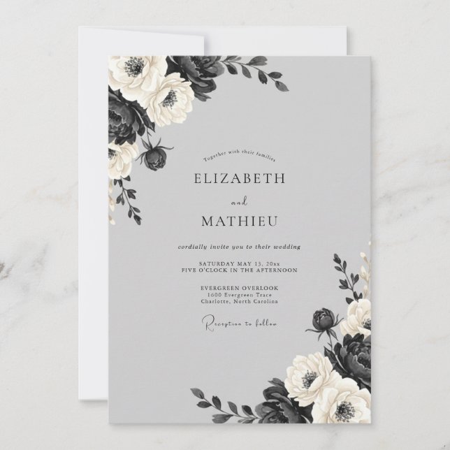 Invitación Boda Flor Blanca Carboncillo (Anverso)