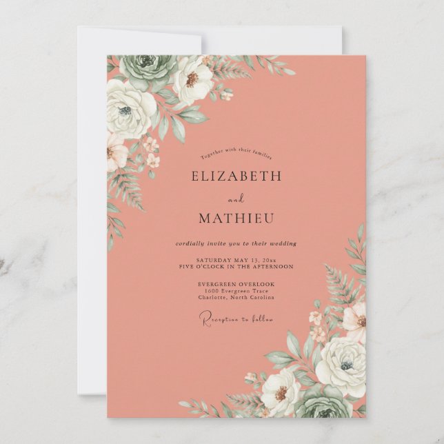 Invitación Boda Flor Blanca Salmón (Anverso)