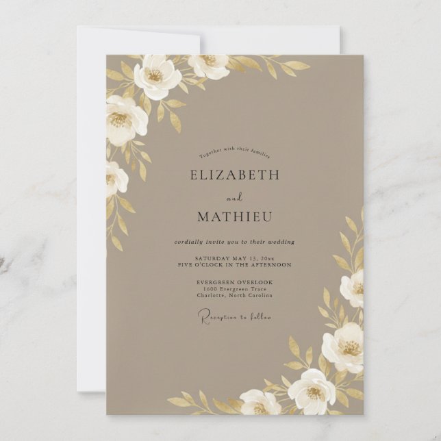 Invitación Boda Flor Blanca Taupe (Anverso)