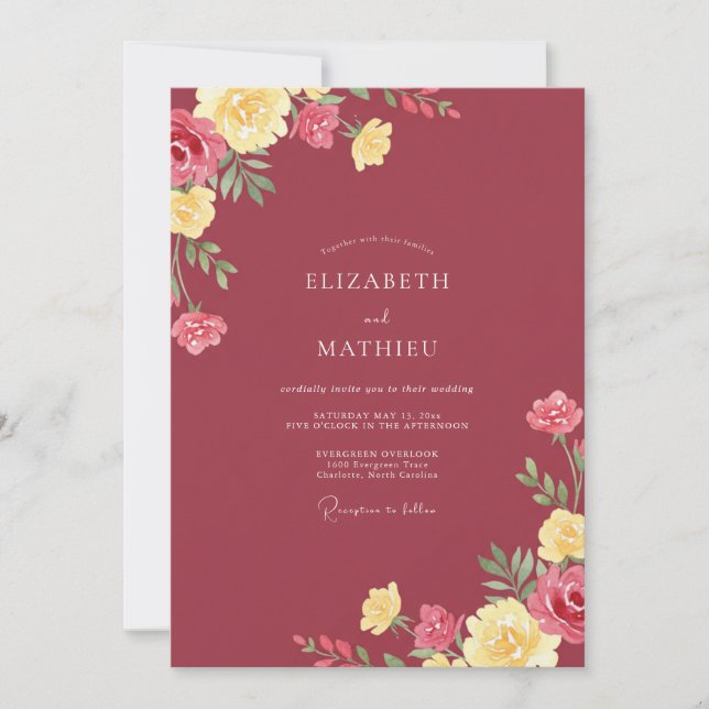Invitación Boda Flor Burgundy Amarillo (Anverso)