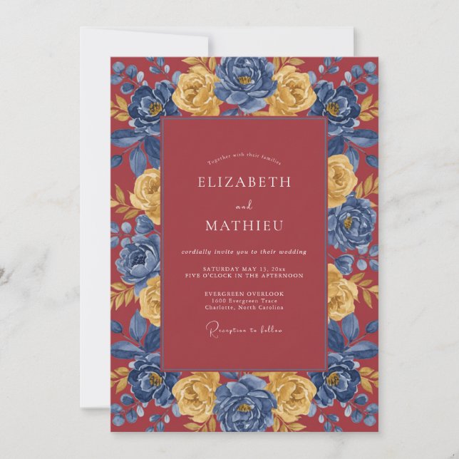 Invitación Boda Flor Burgundy Cobalto (Anverso)