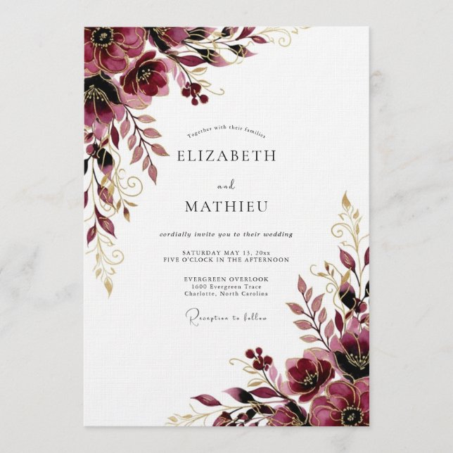 Invitación Boda Flor Burgundy Dorada (Anverso)