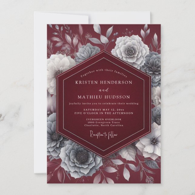 Invitación Boda Flor Burgundy Plateada (Anverso)