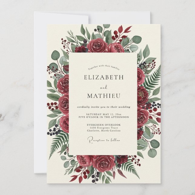 Invitación Boda Flor Burgundy Verde (Anverso)