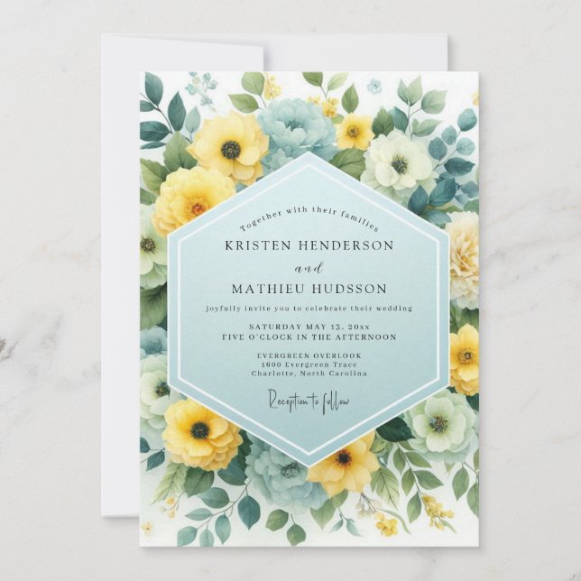 Invitación Boda Flor Canario Azul Polvo (Anverso)