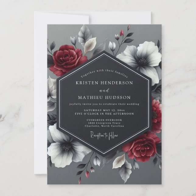 Invitación Boda Flor Carmesí Carboncillo (Anverso)