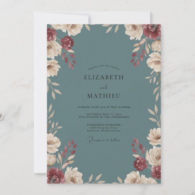 Invitación Boda Flor Carmesí Pizarra (Anverso)