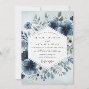 Invitación Boda Flor Celeste Azul Polvoriento