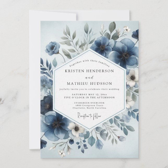 Invitación Boda Flor Celeste Azul Polvoriento (Anverso)