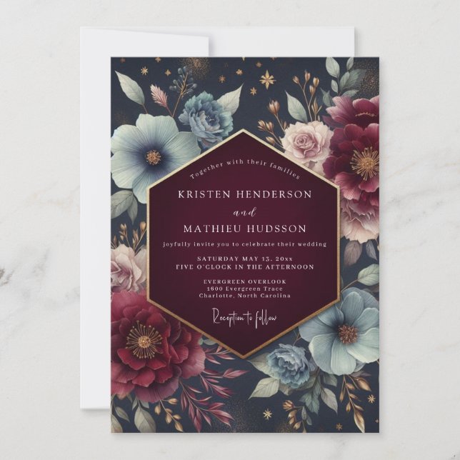 Invitación Boda Flor Celestial de Borgoña (Anverso)