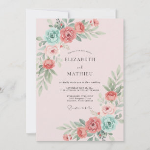 Invitación Boda Flor Coral Acuática Polvorienta