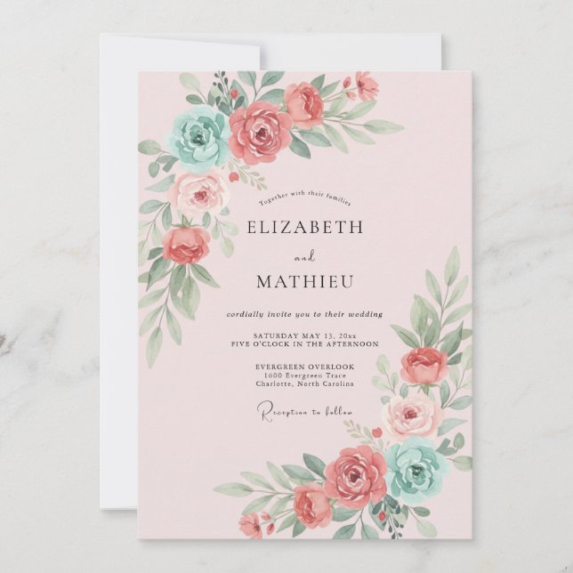 Invitación Boda Flor Coral Acuática Polvorienta (Anverso)