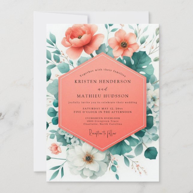Invitación Boda Flor Coral Viridian (Anverso)