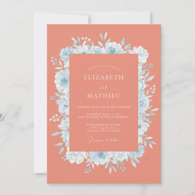 Invitación Boda Flor de Aciano Coral (Anverso)