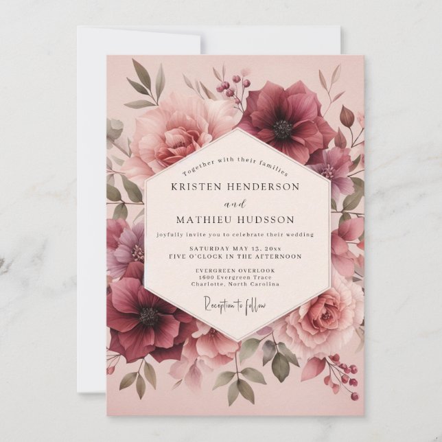 Invitación Boda Flor de Acuarela Borgoña (Anverso)