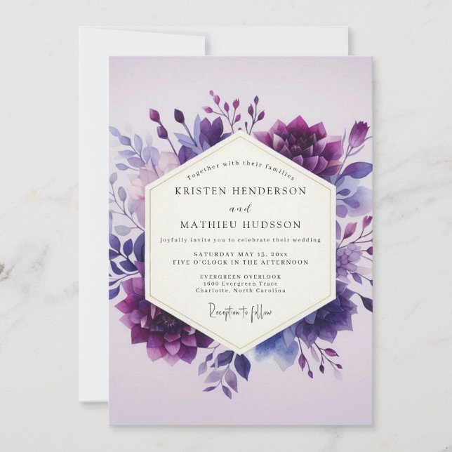 Invitación Boda Flor de Acuarela de Amatista (Anverso)
