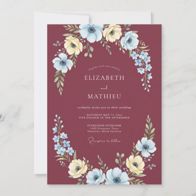 Invitación Boda Flor de Acuarela de Borgoña (Anverso)
