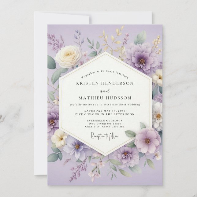 Invitación Boda Flor de Acuarela de Lavanda (Anverso)