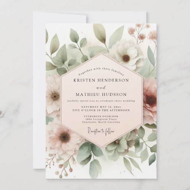 Invitación Boda Flor de Acuarela de Rosa Polvorienta (Anverso)