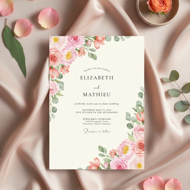 Invitación Boda Flor de Acuarela de Rosa Rosa (Subido por el creador)