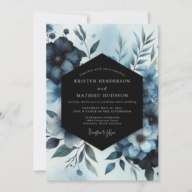 Invitación Boda Flor de Acuarela Índigo (Anverso)