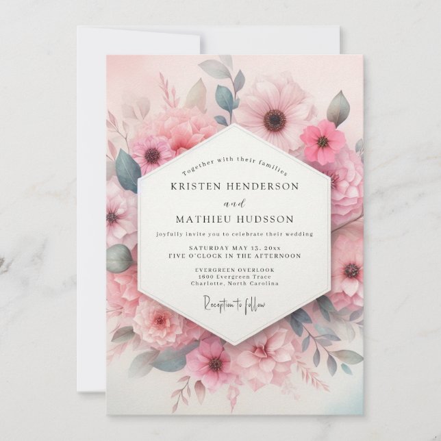 Invitación Boda Flor de Acuarela Rosa Rubor (Anverso)