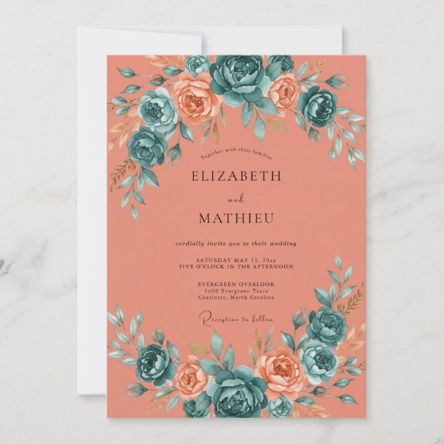 Invitación Boda Flor de Albaricoque Turquesa (Anverso)