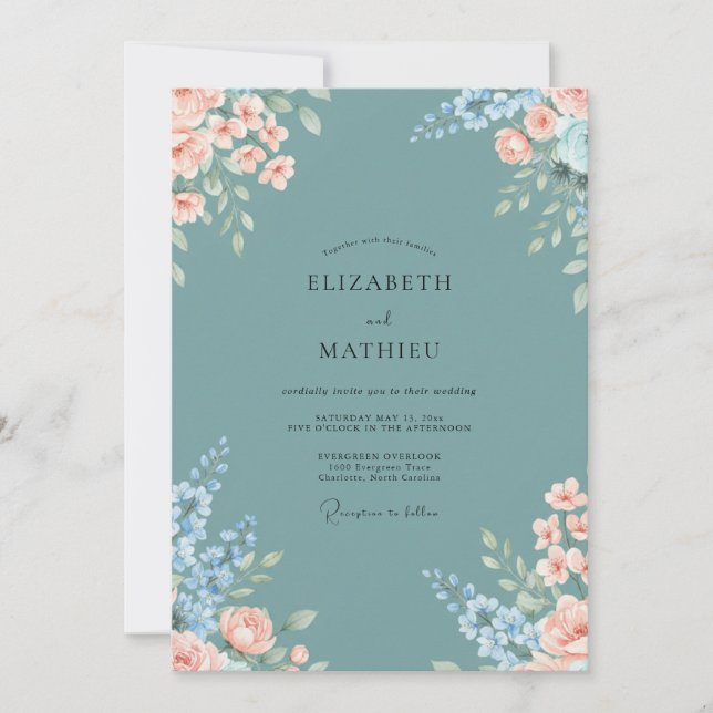 Invitación Boda Flor de Albaricoque Verde Azulado (Anverso)