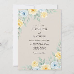Invitación Boda Flor de Amarillo Azul Pálido