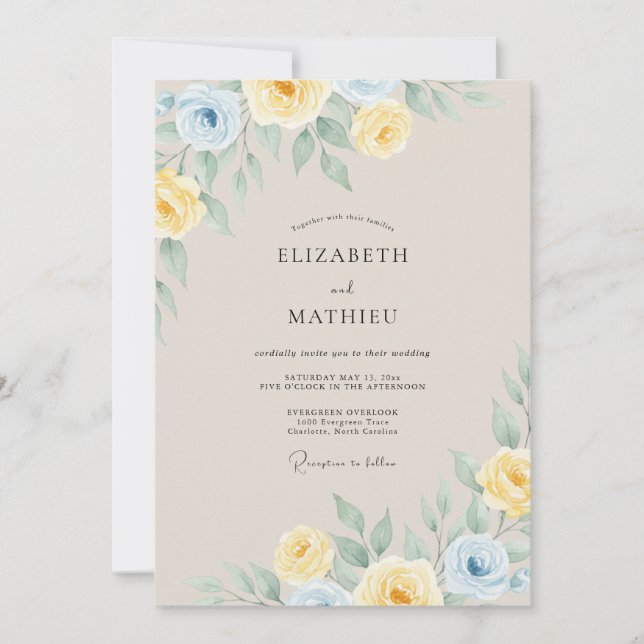 Invitación Boda Flor de Amarillo Azul Pálido (Anverso)