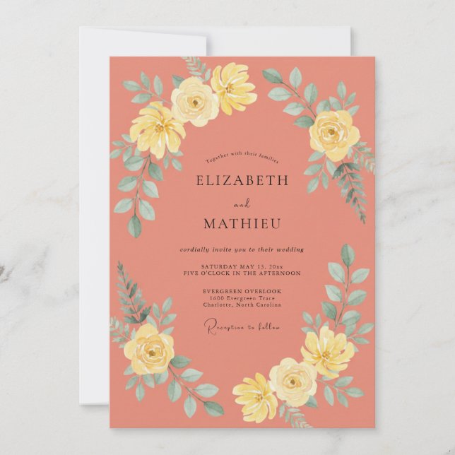 Invitación Boda Flor de Amarillo Coral (Anverso)