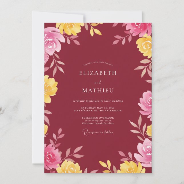 Invitación Boda Flor de Amarillo Granate (Anverso)