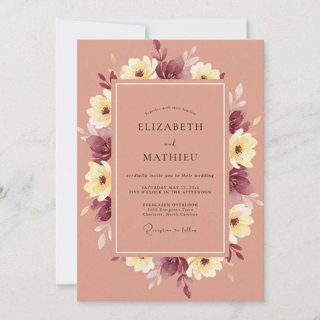 Invitación Boda Flor de Amarillo Malva (Anverso)