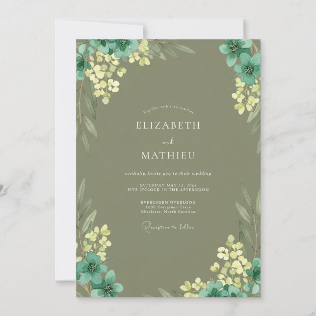 Invitación Boda Flor de Amarillo Oliva (Anverso)
