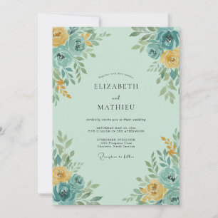 Invitación Boda Flor de Amarillo Verde Acuático