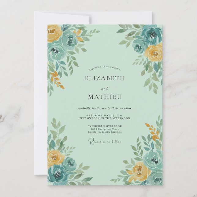 Invitación Boda Flor de Amarillo Verde Acuático (Anverso)
