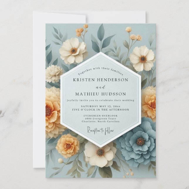 Invitación Boda Flor de Ámbar Azul Pizarra (Anverso)
