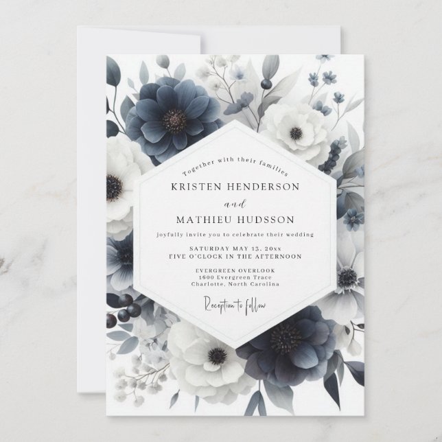 Invitación Boda Flor de Anémona Azul Pizarra (Anverso)