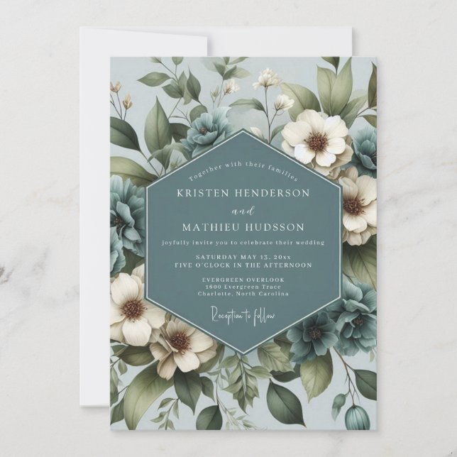 Invitación Boda Flor de Anémona Azul Polvoriento (Anverso)