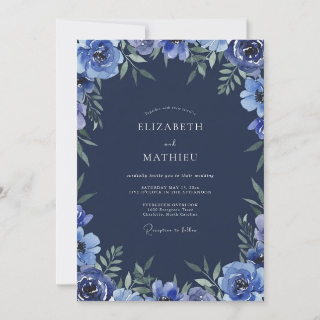 Invitación Boda Flor de Anémona Cobalto (Anverso)
