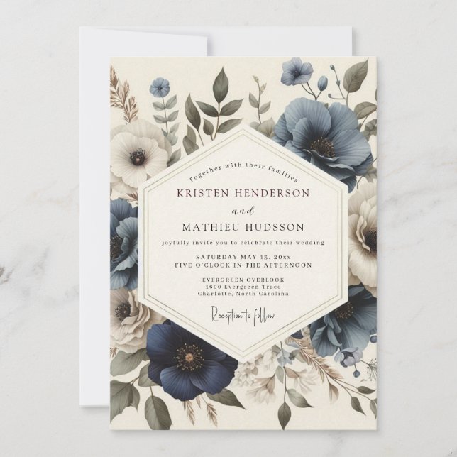 Invitación Boda Flor de Antigüedad Azul Pizarra (Anverso)