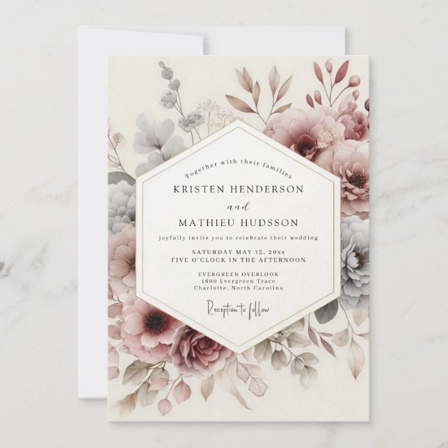 Invitación Boda Flor de Antigüedad Mauve (Anverso)