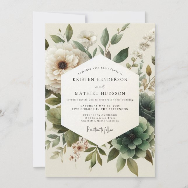 Invitación Boda Flor de Antigüedad Sage (Anverso)