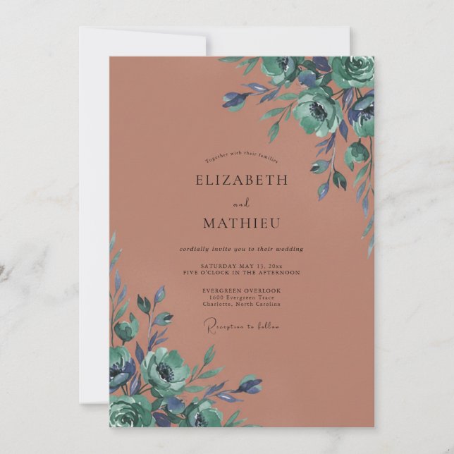 Invitación Boda Flor de Antigüedad Verdeazul (Anverso)