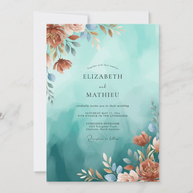 Invitación Boda Flor de Aqua Cobre (Anverso)