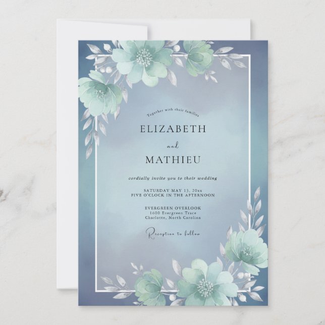 Invitación Boda Flor de Aqua Polvorienta (Anverso)
