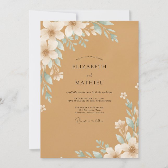Invitación Boda Flor de Aquamarina Ocre (Anverso)